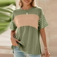 thumbnail image 2 of DeHolifer Womens T-Shirts Color Block Crewneck Strip Short Sleeve Split Knit Casual Loose T-Shirts Green M, 2 of 4