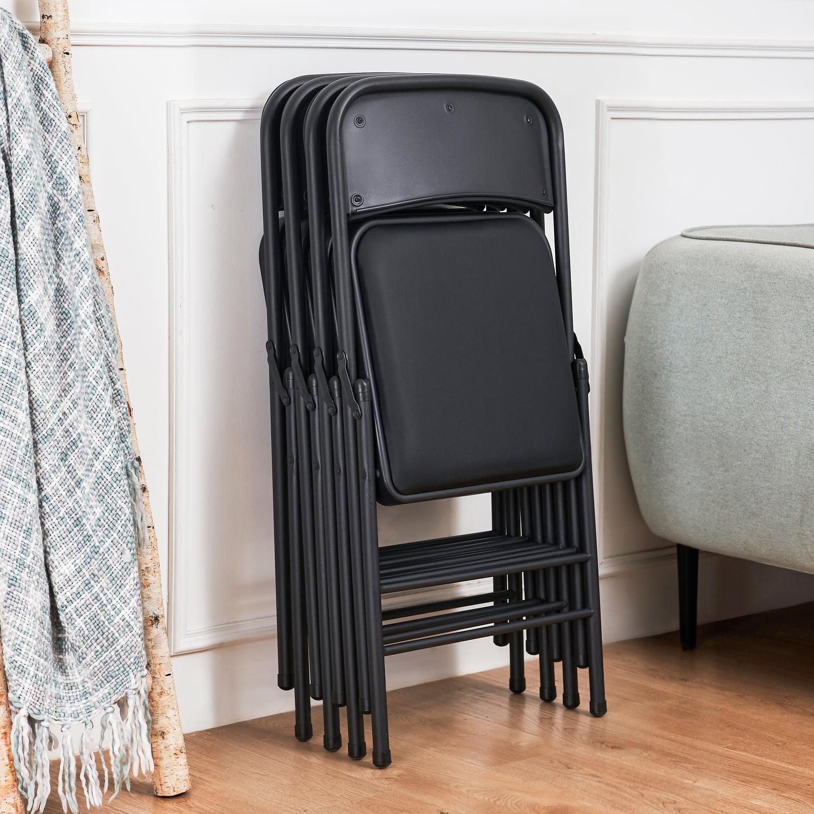 VTOY Folding Chair with Cushion 2-Pack Leather Padded Foldable Chairs Outdoor and Indoor Indoor,Black (Set of 2)