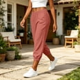 thumbnail image 2 of LEKODE Casual Women's Cotton Linen Jogger Capri Pants Elastic Waist Cropped Tapered Leg Lounge Travel Pants Watermelon Red M, 2 of 9