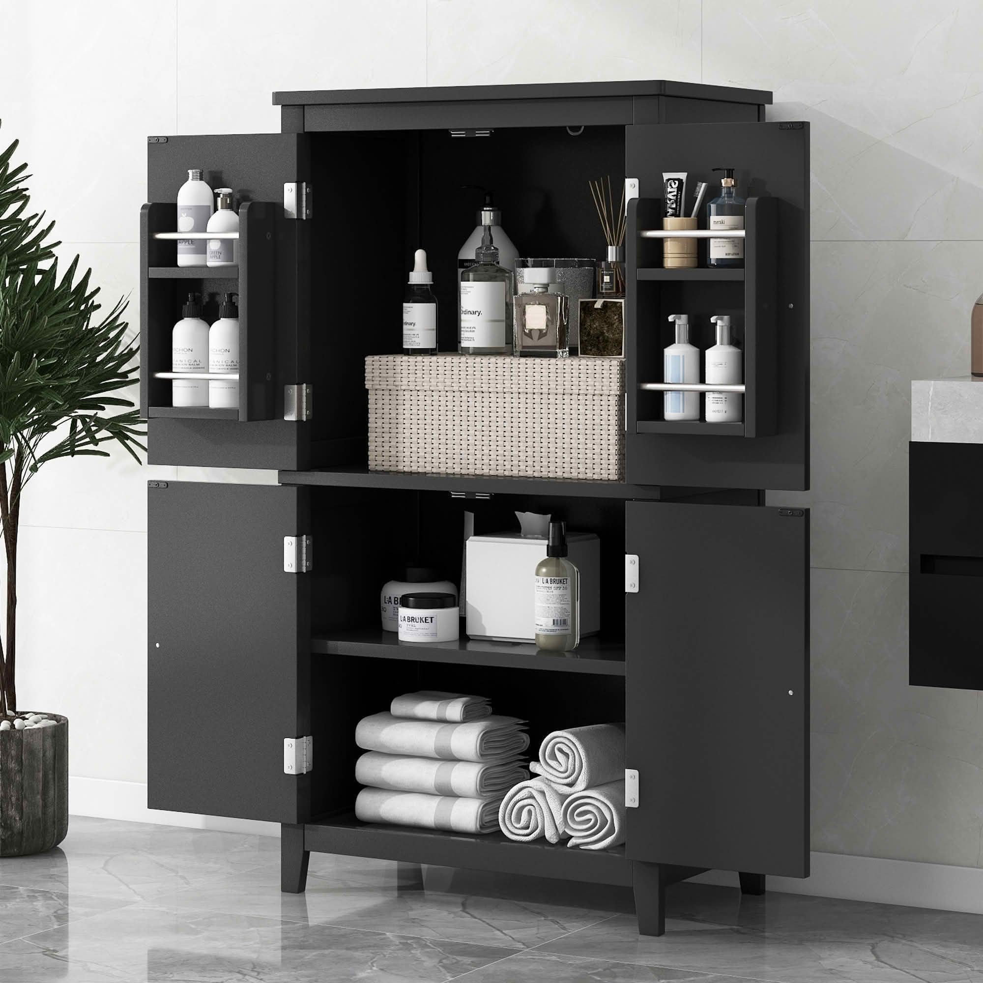 MAYEERTY Elegant Bathroom Cabinet Freestanding 4 Doors Adjustable Shelves Black