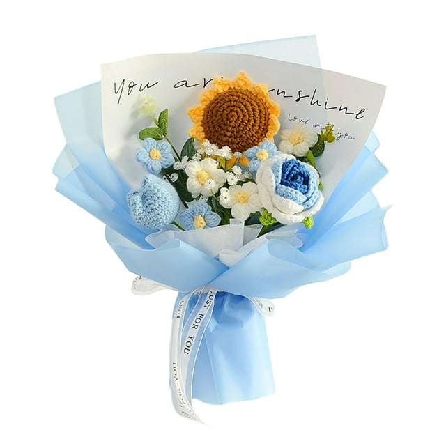 Ramo de flores de crochet, centro de mesa de rosas de crochet, ramo tejido creativo para flor azul
