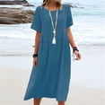 thumbnail image 1 of Vestido de verano holgado e informal de algodón y lino de color liso con cuello redondo y manga corta y largo medio para mujer, 1 of 1