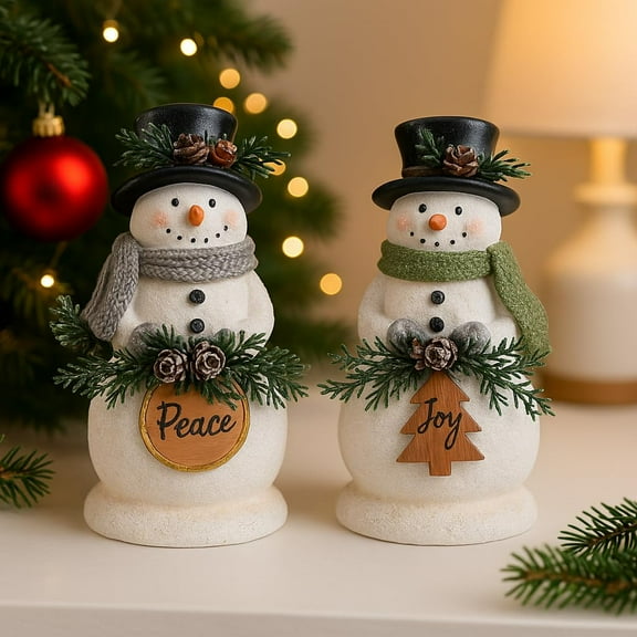 Set of 2 Glitter Snowman Figurines | 8-Inch Resin Christmas Decorations | Indoor Winter Holiday Mantel, Shelf, Tabletop Decor | Peace & Joy Festive Home Accent Xmas Gift (Beige Snowmen)