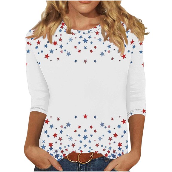 lcziwo July 4th Shirts for Women Plus Size Funny Patriotic Graphic Print Tops 3/4 Length Sleeve Round Neck Tunic Tees Casual Summer 2025 Multicolor,XXXXXL