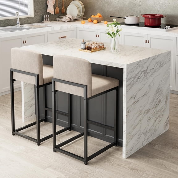 Modern Bar Stools Set of 2, 24.8" Upholstered Counter Stools with Backrest, Faux Leather Bar Chairs for Kitchen Island, Breakfast Bar