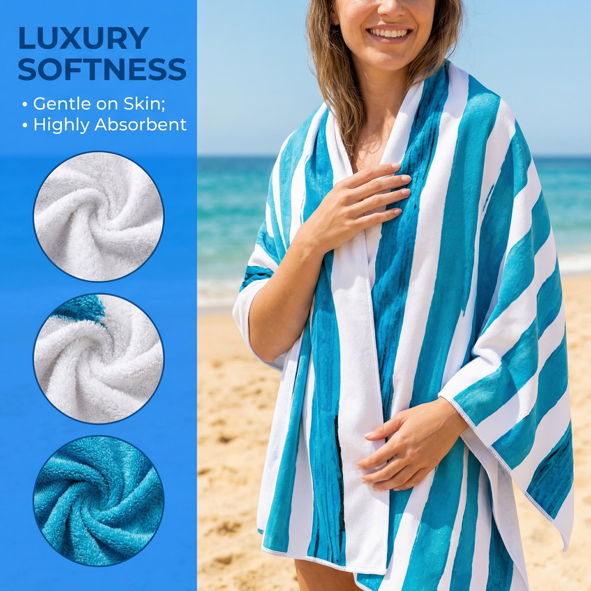 Unique Bargains Striped Lightweight Quick Dry Absorbent Beach Towel Aqua Blue 63" x 31"