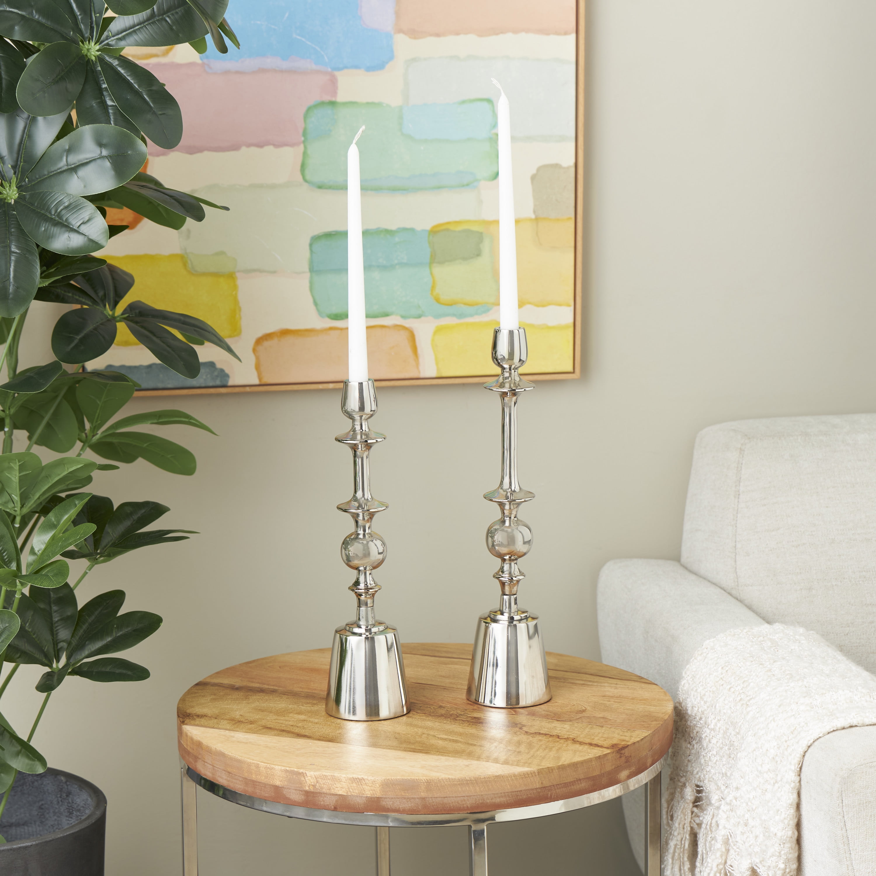 DecMode 2 Candle Silver Aluminum Candle Holder, Set of 2