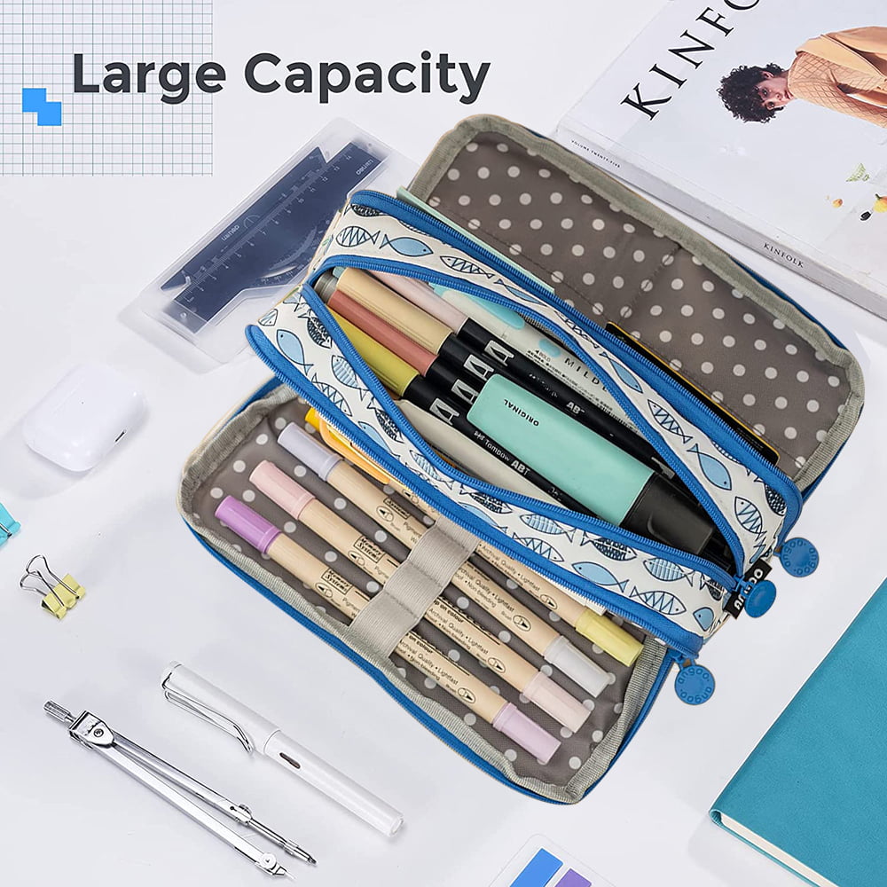 Gemdeck Large Pencil Case Big Capacity 3 Compartments Canvas Pencil Pouch  For Students blue 