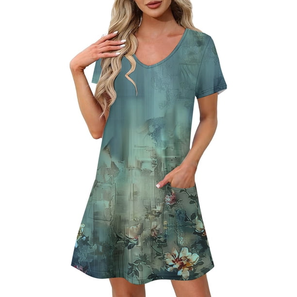 Vestido Corto de Verano Moda Gradiente Corto de Manga en V Cuello Vestido Casual, Poliéster Ligero de Verano, Lavado de Manos