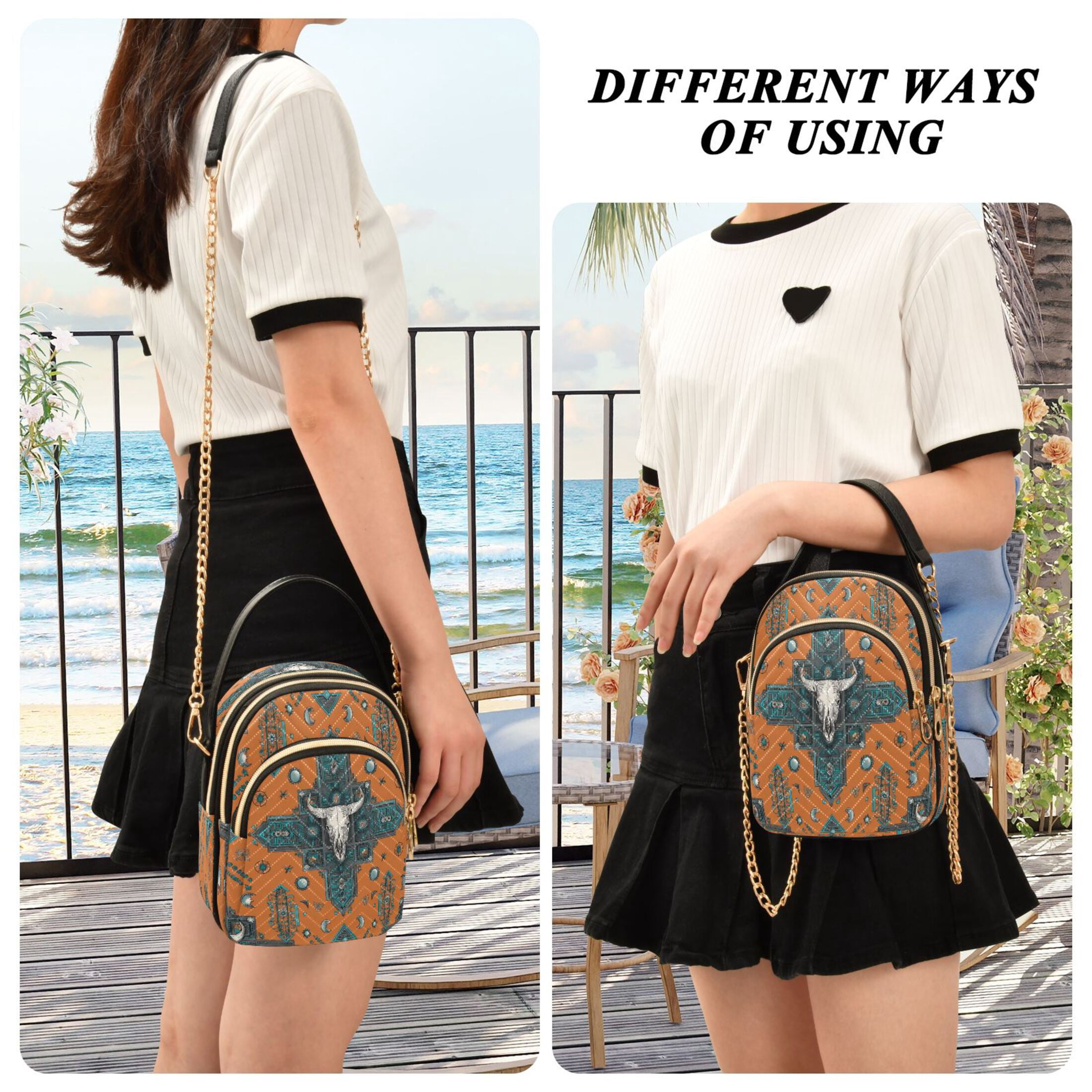 Quilted Women's Crossbody Bag Purses and Handbags with Detachable Leather Strap Western-style Cowhorn Skulls