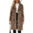 thumbnail image 3 of Stichou Women's Leopard Faux Fur Long Jacket Lapel Open Front Shaggy Shearling Flurry Peacoat with Pockets Brown M, 3 of 8