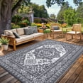 thumbnail image 2 of COZONY 9'x12' Boho Reversible Outdoor Rug, Waterproof Straw Plastic Mat with Vintage Medallion, Portable, UV Resistant, for Porch, Deck, Gray, 2 of 10