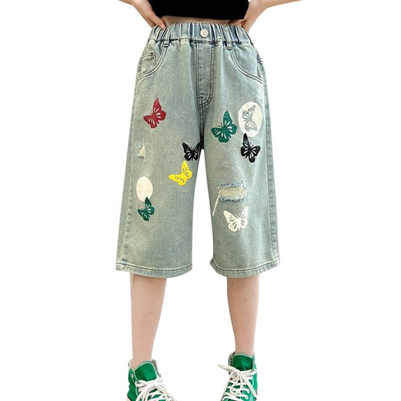 LWNYDPLSD Elastic Waist Denim Shorts for Kids Girl Cute Bow Print Jean Shorts Teens Ripped Wide Leg Summer Casual Jorts Toddler Back to School Clothes