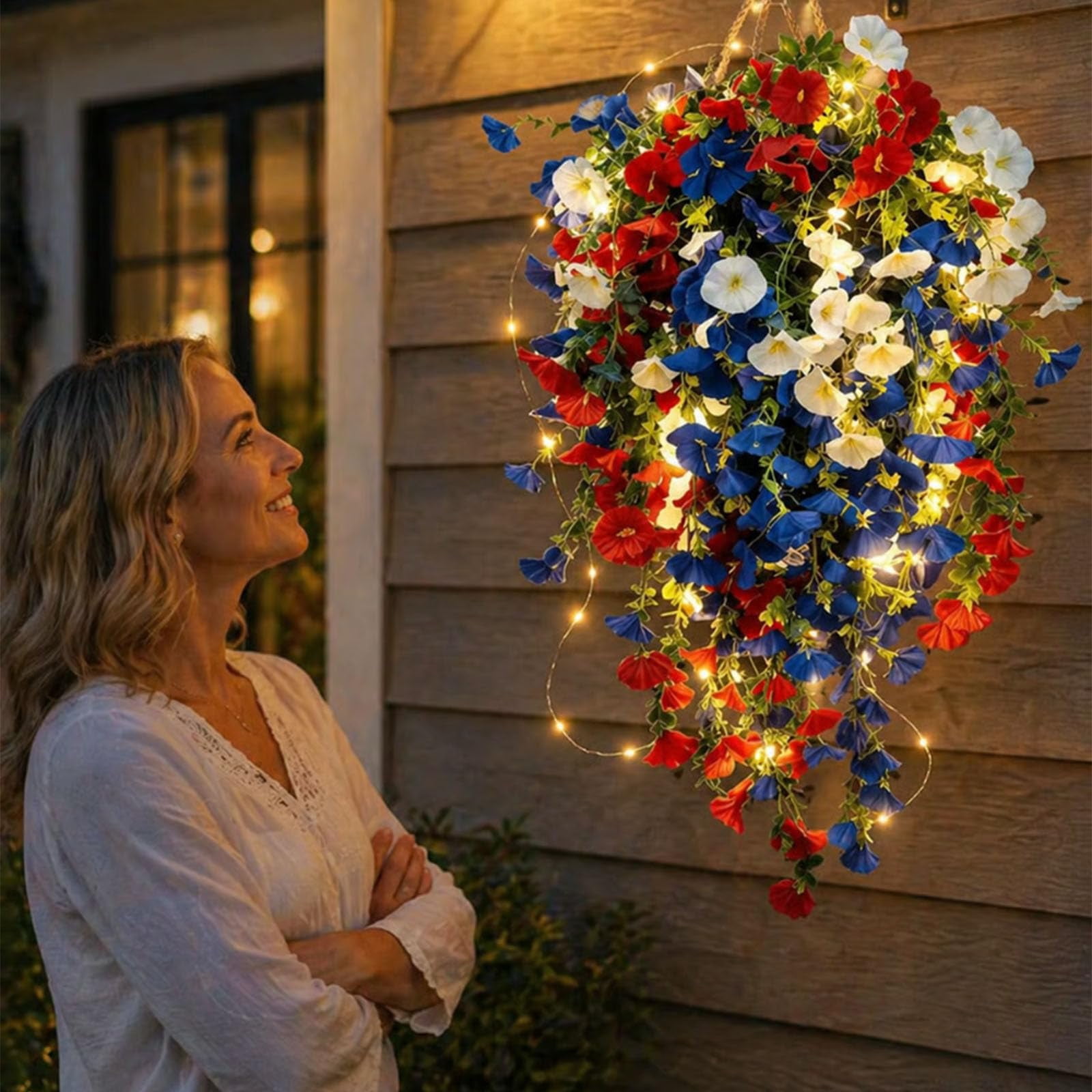 Red White and Blue Flowers Artificial Flowers, 4th of July Decorations Patriotic Artificial Flowers with Led Lights and Outdoor Hanging Morning Vines for Front Door Porch Decor Memorial Day, 9.8" B