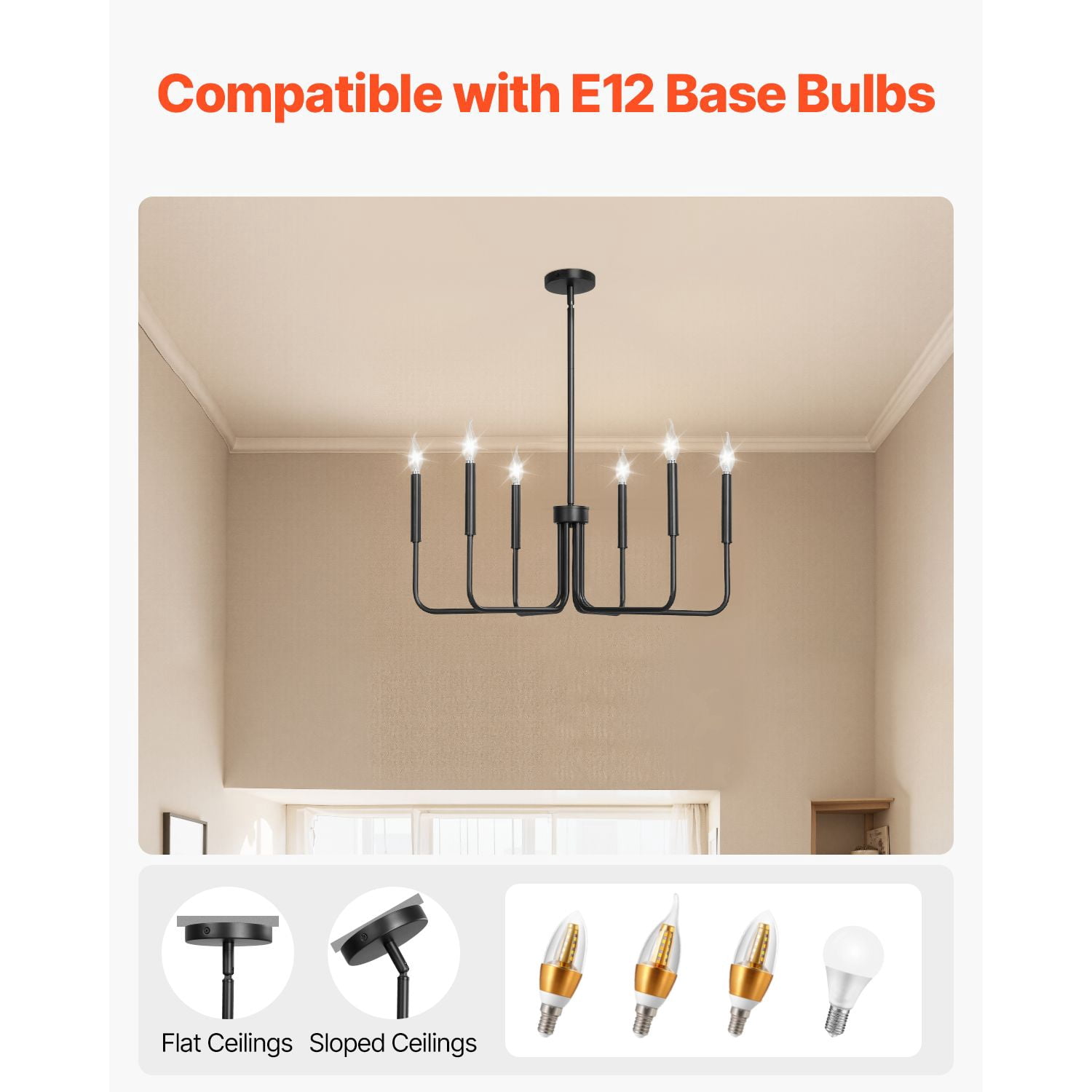 6-Light Farmhouse Chandelier with Adjustable Height, Black Metal Frame, E12 Sockets, for Dining Room Living Room Kitchen