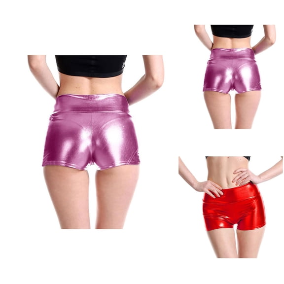 Metallic Shorts for Women 2026 Summer Shiny Pu Leather Bodycon Booty Shorts for Disco Party Clubwear