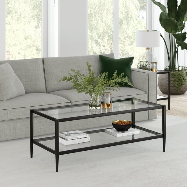 Modern Glass Coffee Table, Rectangular Cocktail Table in Blackened