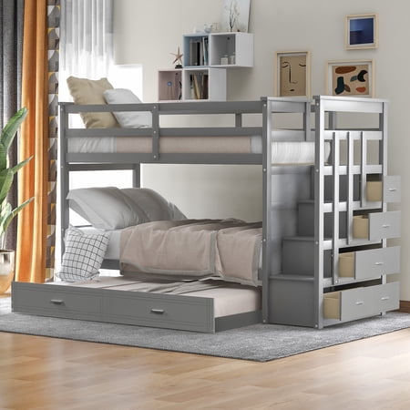 CoSoTower Solid Wood Bunk Bed, Hardwood Twin Over Twin Bunk Bed With Trundle And Staircase, Natural Gray Finish
