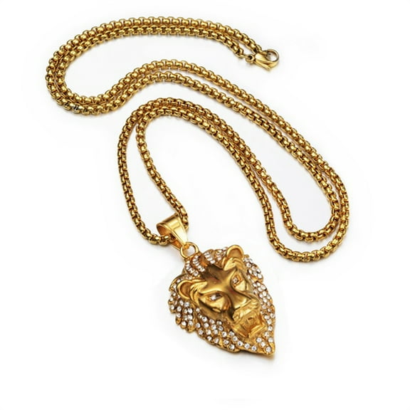 Hip Hop Iced Out Bling Lion Head Pendant Male 14K Yellow Gold Animal Necklace For Men Cool Fashion Jewelry Gift J057