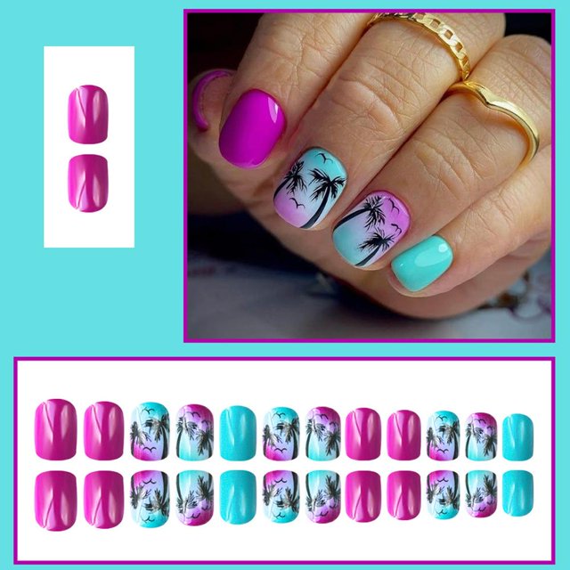 Ongles Carrés Courts Faux Éléments Roses pour Plage Été T1d8