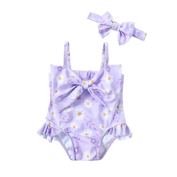 Kucnuzki Newborn Baby Girl Clothes 12 Months Spring Summer Swimsuit 18 Months Sling Daisy Prints Lace Trims Swimsuit Headband 2PCS Set Purple