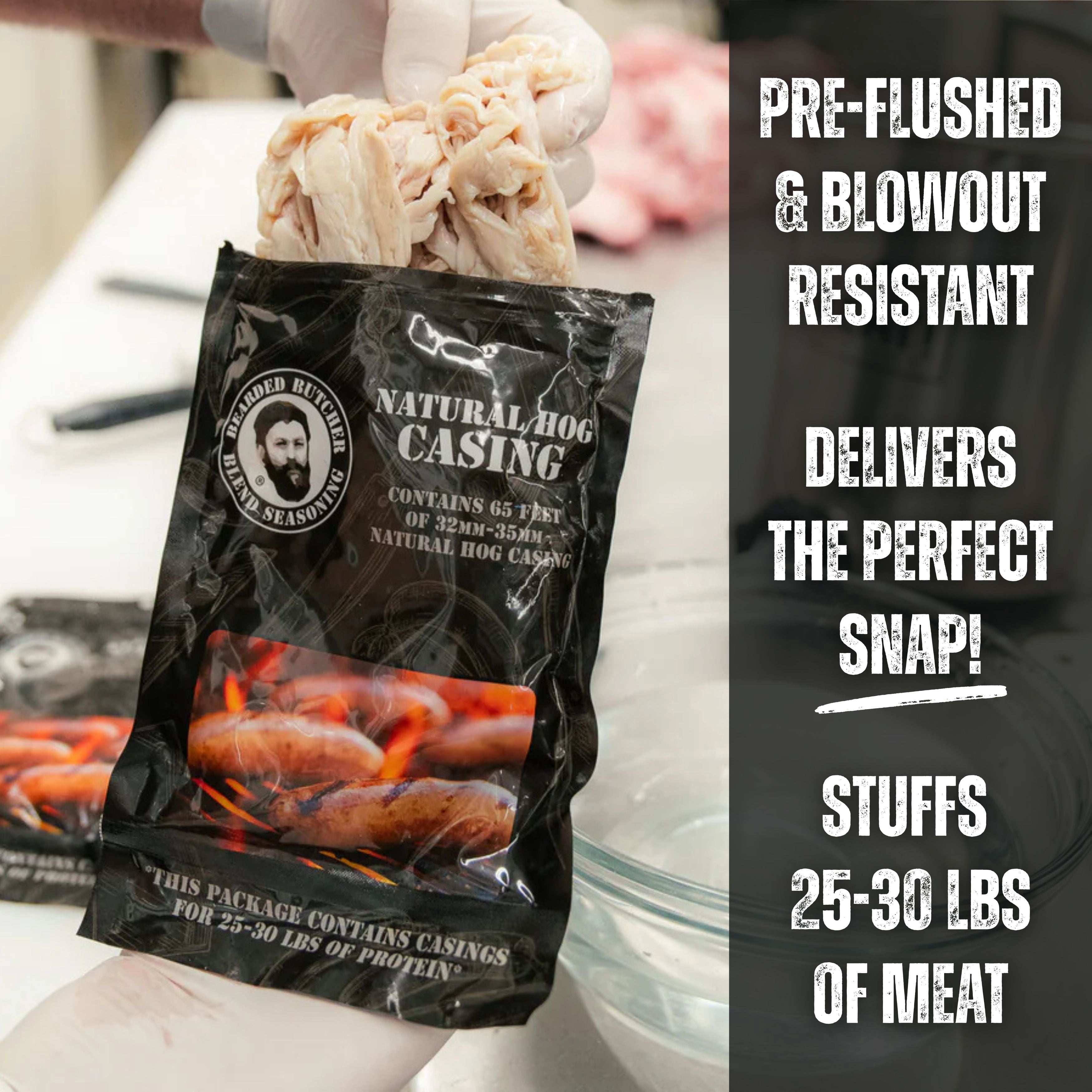 The Bearded Butchers Natural Hog Casings 32-35mm, Edible Sausage Casing for 25-30 lb Meat, Pre-Flushed, Resealable Bag