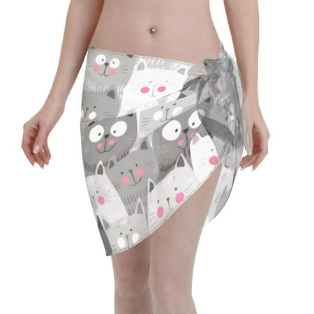 Adobk Women Beach Sarong Bathing Suit Cats Group Print Wrap Skirt Sheer Bikini Swimsuit Cover Ups For Swimwear