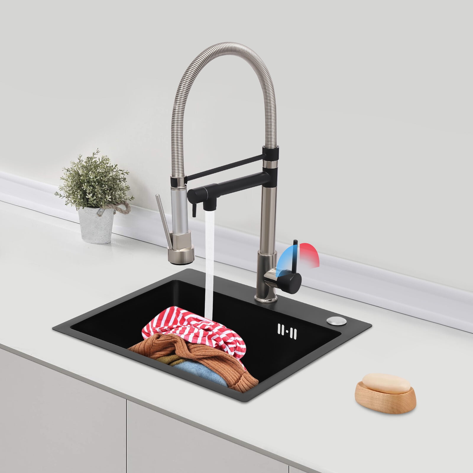 Kitchen Sink Single Handle Stainless Steel Faucet with Pull Down Sprayer(Brushed Black)
