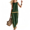 thumbnail image 3 of Costeam Womens Color Block Stripe Two Piece Matching Outfit Crew Neck Sleeveless Tank Top Side Slip Pockets Loose Full Elastic High Waist Wide Leg Pants Lightweight Set, 3 of 9