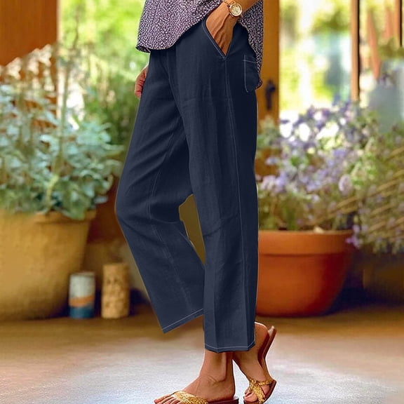Blmnix Cotton Linen Pants Women Beach Pants Palazzo Jeans Straight-Leg Blue High Waisted Loose Cropped Lightweight Summer Pants Women,XL