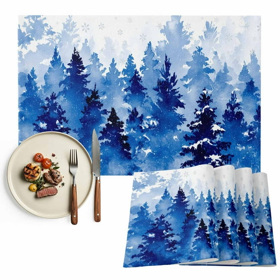 Blue Christmas Tree Placemats Set of 6, Winter Retro Silver Snowflake Table Mats Washable Heat-Insulation Non-Slip Place Mats for Kitchen Dinner Table Indoor Outdoor Decor,13x19 Inch