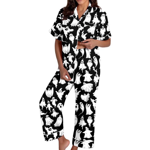 Puliio Women's Halloween Pajamas Sets 2 Piece Button‑Down Ghost Print Short Sleeve Breathable Sleepwear Nightwear Pjs Set
