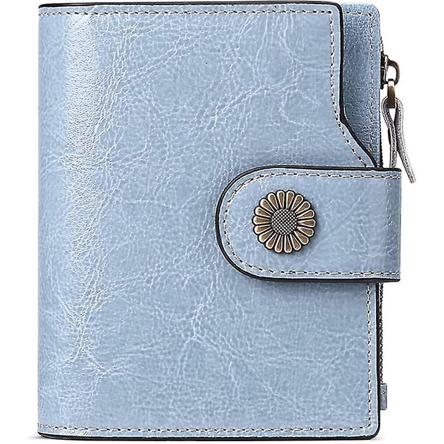 Cartera de mujer de cuero genuino en tamaño corto Cartera de mujer con bloqueo RFID, 16 ranuras para tarjetas, incluidas 2 ventanas de identificación y 1 bolsillo con cremallera, azul claro