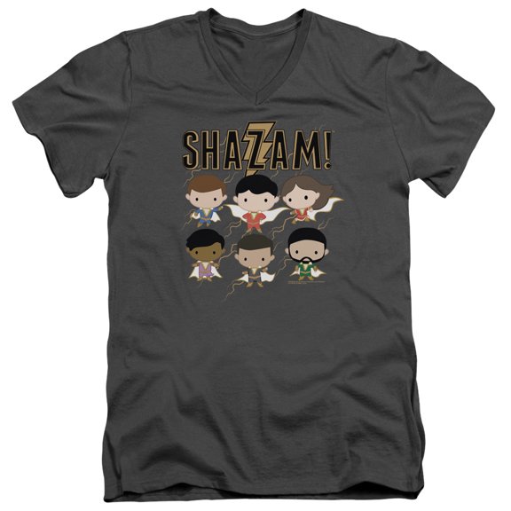 Shazam Movie Chibi Group Adult V-Neck T-Shirt 30/1 T-Shirt Charcoal