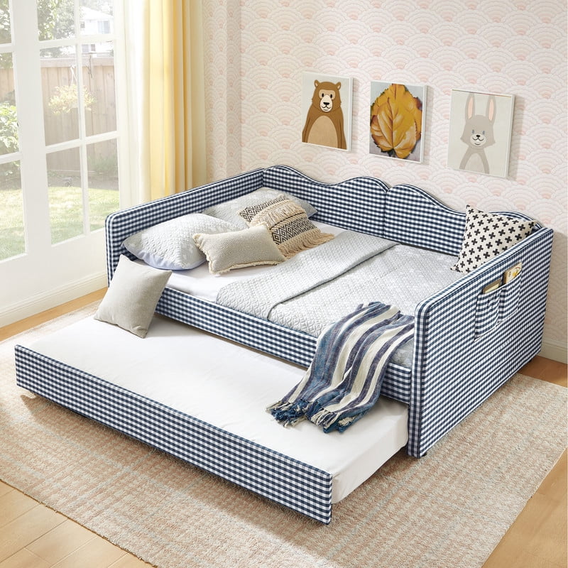Full Size Gingham Daybed with Trundle, Upholstered Day Bed Frame with Side Storage Pocket & Wave-Shaped Backrest, Modern Sofa Bed for Living Room, Bedroom, No Box Spring Needed