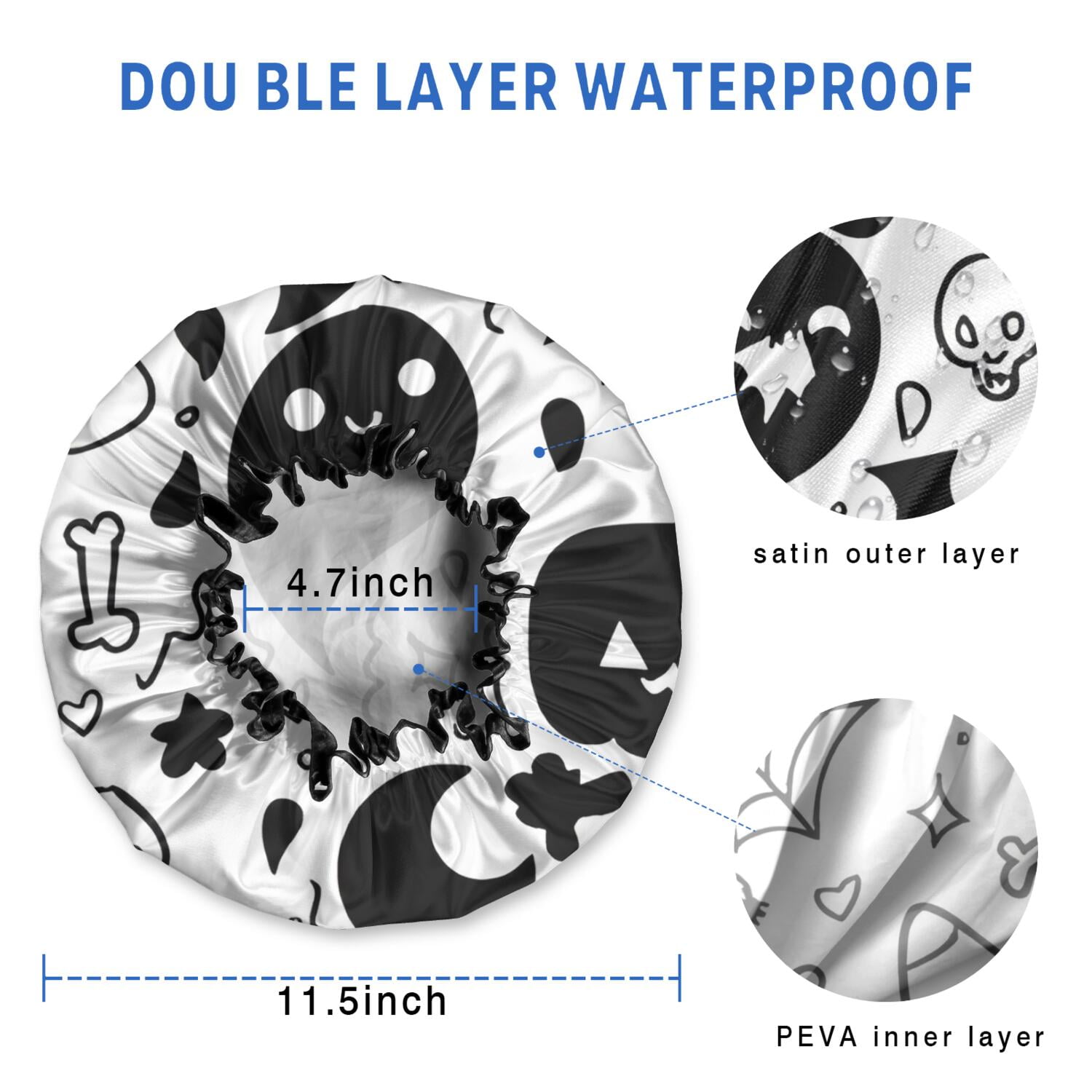 Shower Caps,Black and White Halloween Doodle Pattern Waterproof Shower Cap for Women 4 Pieces,Double Reusable Hair Cover for Shower PEVA Elastic Stretch Hem
