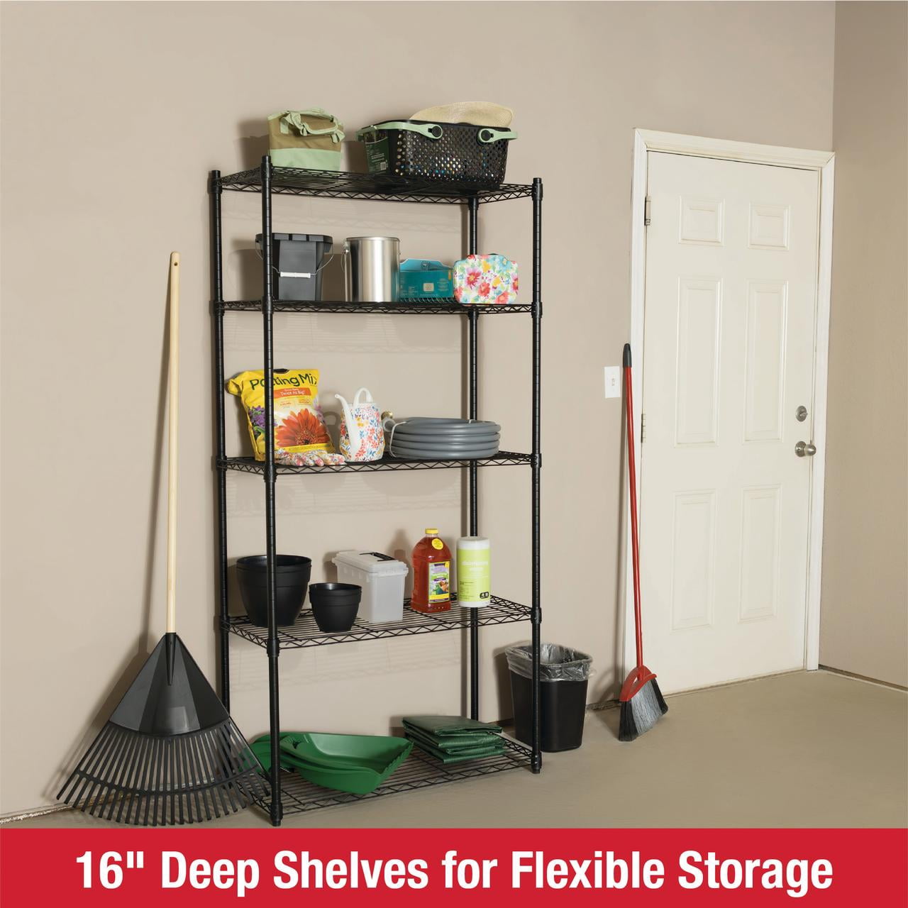 Rubbermaid Heavy Duty 5-Tier Black Wire Shelving Unit, 1250lb Capacity
