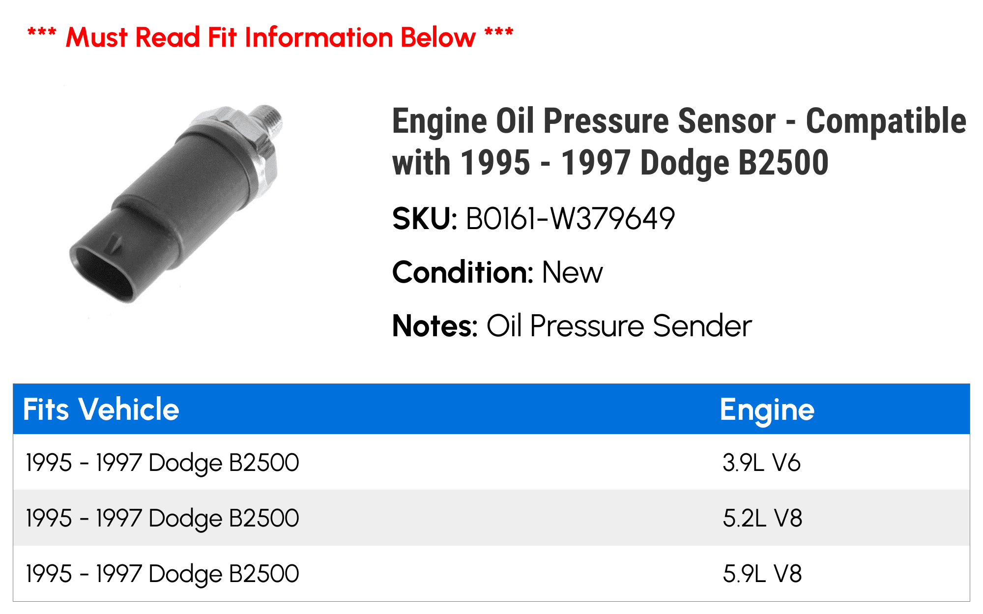 Engine Oil Pressure Sensor - Compatible with 1995 - 1997 Dodge B2500 1996