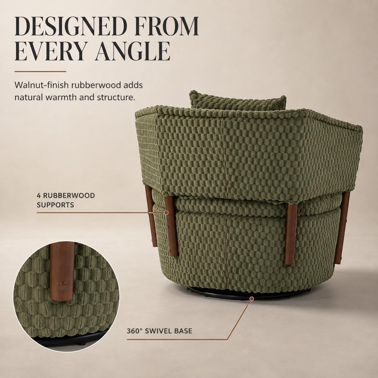 MOONIMSS 360°Swivel Accent Chair, Corduroy Vanity Chair with Storage,Green