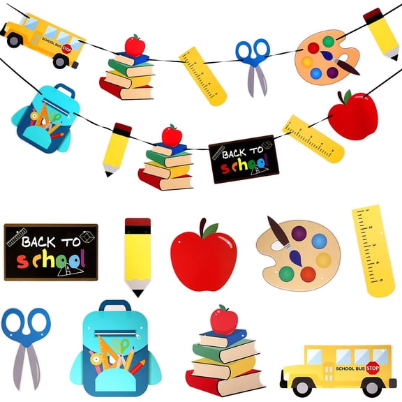 BESTSKY 45 Pieces Back to School Party Decorations Hanging Banner Ruler Pencil Stationery Banner Set with 2 Ropes and 40 Glue Stickers for Welcome Back Party Decorations Classroom Decor