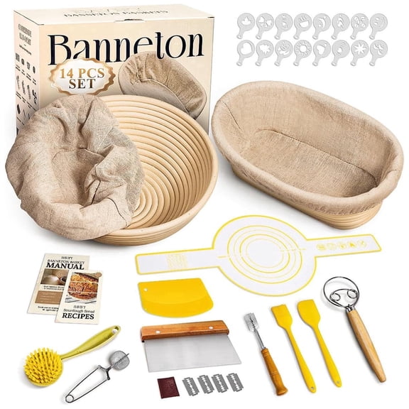 Bread Proofing Basket Set, 9" Round & 10" Oval Banneton Baskets, Complete Sourdough Starter Kit, Sourdough Bread Baking Supplies with Bread Lame, Sling, Dough Whisk, Scraper and baking stencils.