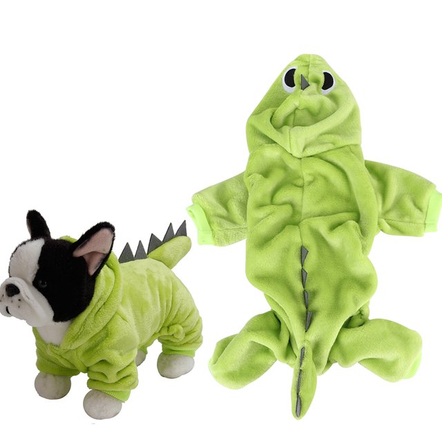 Disfraz de dinosaurio de cuatro patas para mascotas, forro polar coral verde de invierno, ropa abrigada para perros y gatos.