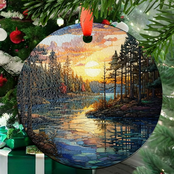 Lake Sunset Scene Window Stained Glass, Suncatcher Wall Hangings, Wall Art, Window Hanging, Indoor Decor, Sun Catcher, Gift For Christmas, Stained Glass Ornament 2025, Holiday