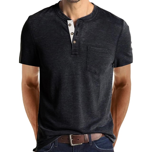 Daeful Blouse Col Henley Hauts d'Été Col Rond T-Shirts Hommes Coupe Régulière Manches Courtes Tee Basique Gris Foncé S