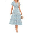 thumbnail image 3 of Summer Maxi Dresses for Women 2025 Casual V Neck Puff Short Sleeve Smocked Flowy Beach Boho Long Floral Dress White L, 3 of 7