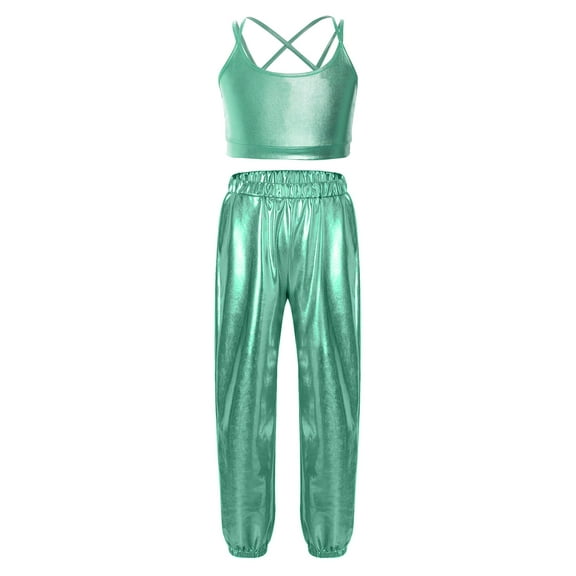 Hansber Kids Girls Hip Hop Dance Outfits Metallic Camisole  Crisscross Strappy Back Crop Top and Shiny Pants Light Green 16