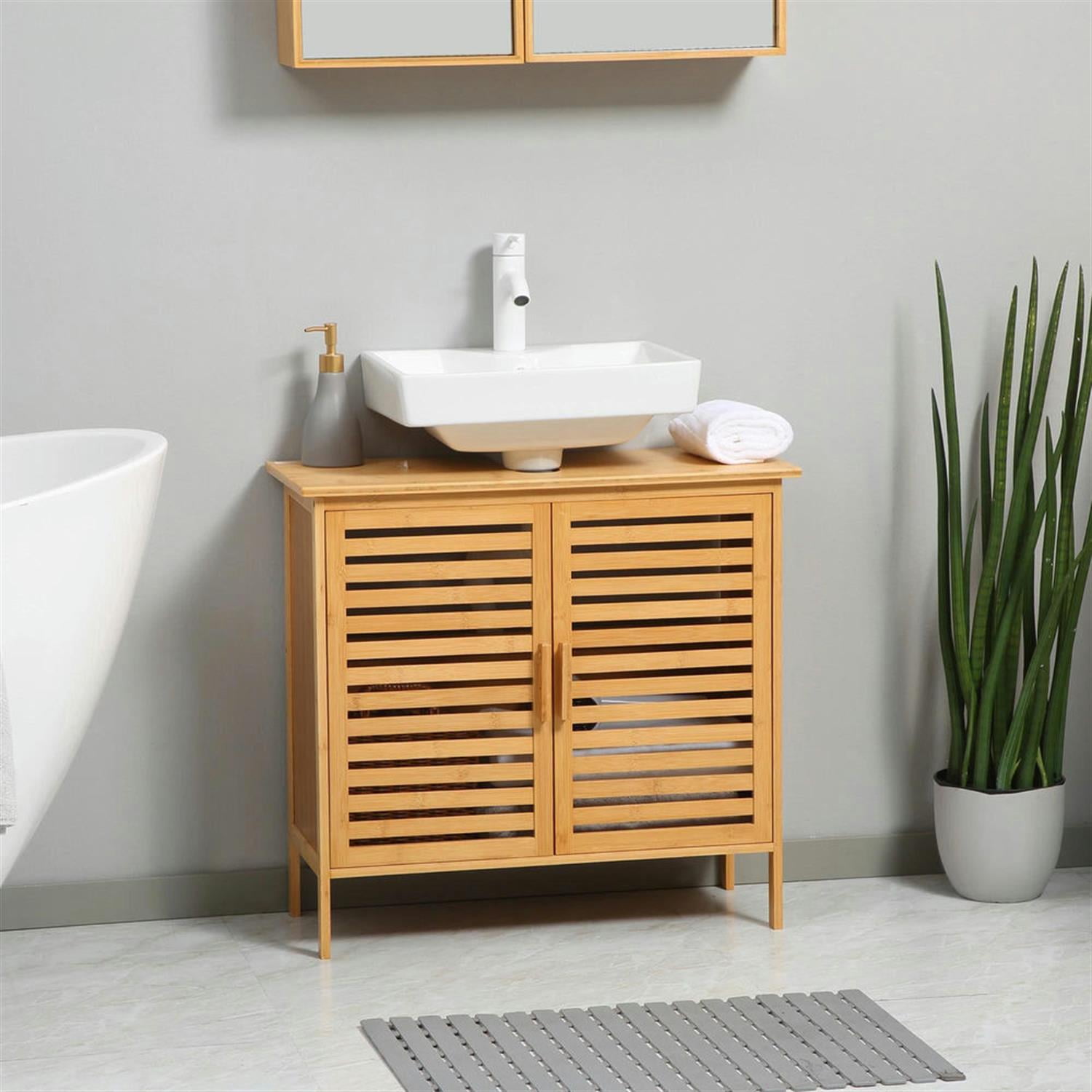 Demi Bonn 23" Bamboo Bathroom Vanity with U-Shape Cut-Out and Slatted Doors, Pedestal Sink 2-Door Cabinet, Under Sink Cabinet, Brown