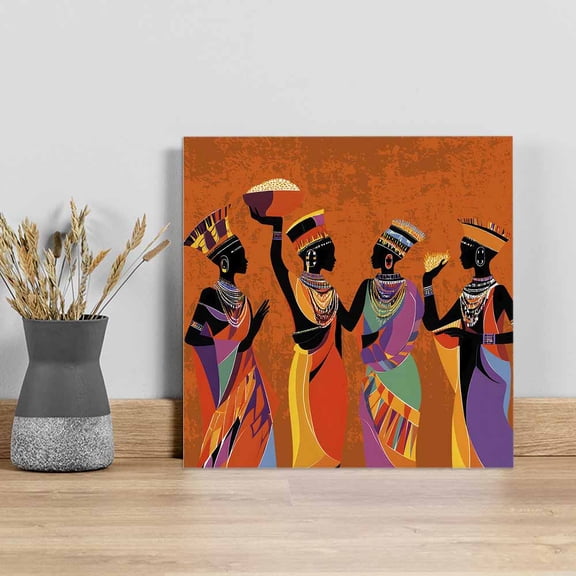 Black Orange Girls Boho Wall Art Painting on Canvas, Retro Ethnic Abstract Art Canvas Art Home Prints Wall Art Framed Modern Artwork for Living Room Bedroom Wall Decor 8x8in