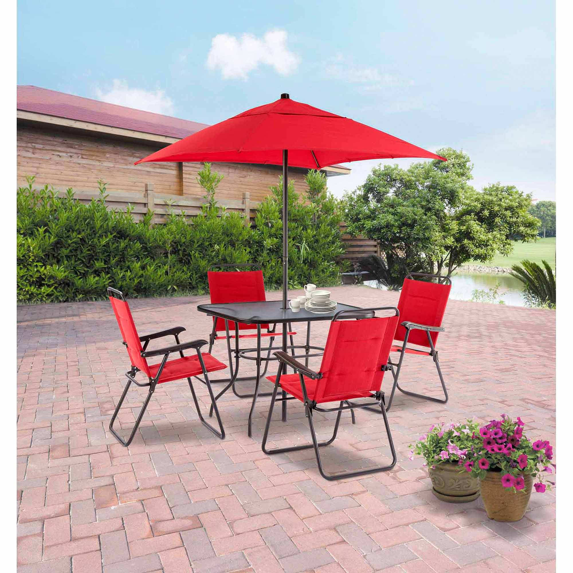 Mainstays Searcy Lane 6 Piece Padded Folding Patio Dining Set Red truly 4 Piece Patio Set With Umbrella