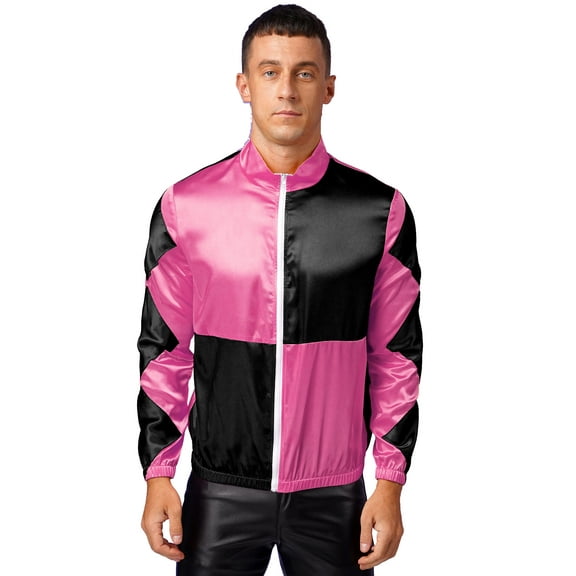 Doomiva Mens Shiny Satin Long Sleeve Zipper Front Horse Shirt Jacket Tops Outfits Hot Pink&Black XXL